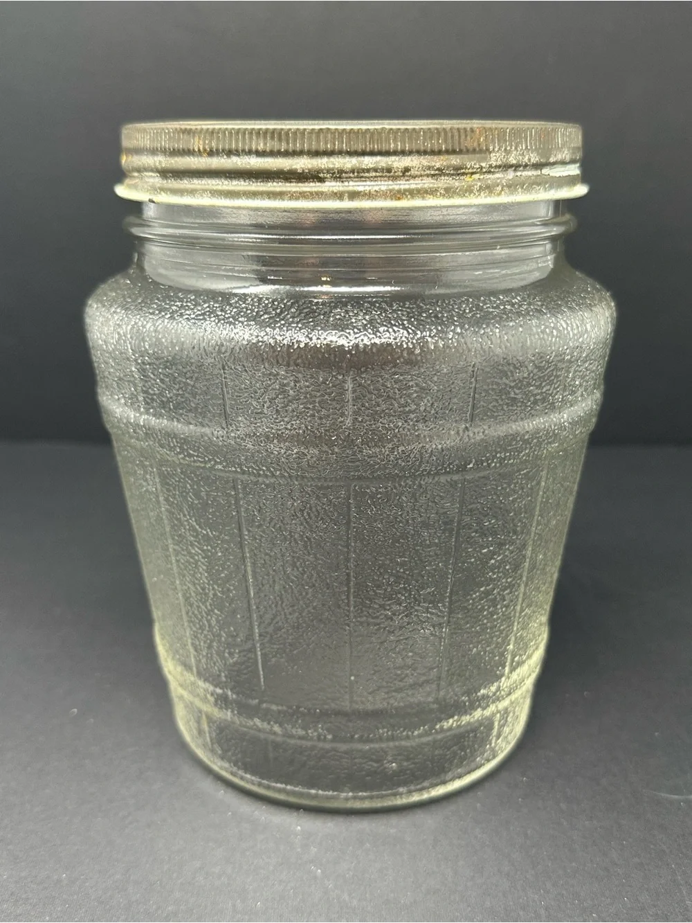 Vintage Ball Jar Textured Clear Glass Barrel with‎ Tin Lid Embossed 2863 A1